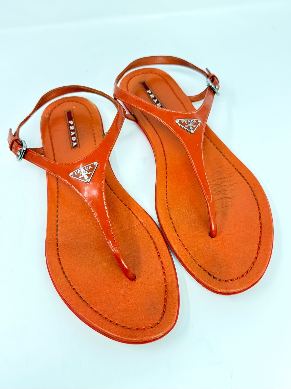 PRADA Triangle Logo Patent Leather Thong Sandals Arancio Orange-Red Size 41 US10 - Picture 16 of 16